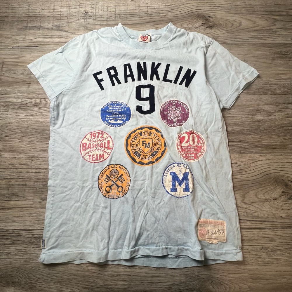 Franklin & Marshall T-Shirt Mens Large Blue Graphic Patch Made‎ In Italy Tee